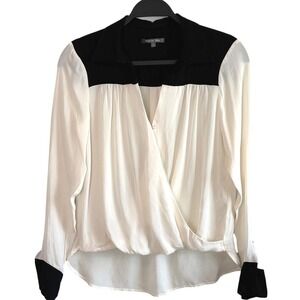 Michael Stars Blouse Cream Black Womens XS Silk Wrap Front Sophisticated Chic